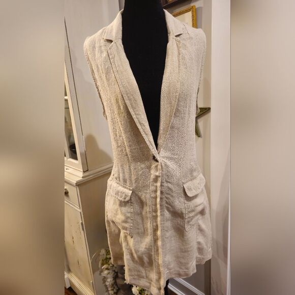 TAHARI Linen Neutral Long-line Sleeveless Blazer Vest Size Medium - Picture 1 of 8